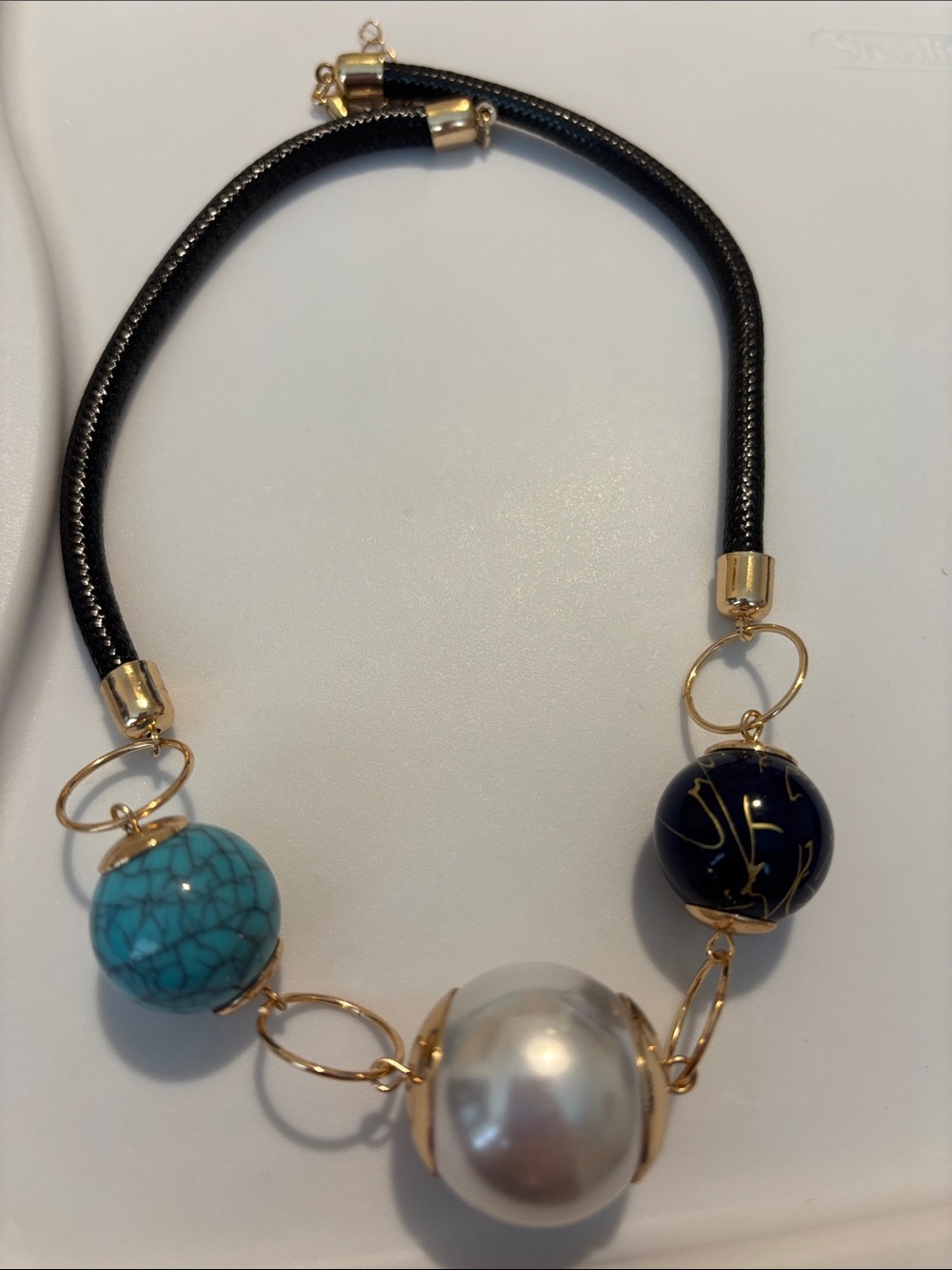Fashion Jewelry Turquoise, Pearl and Navy Bead Necklace